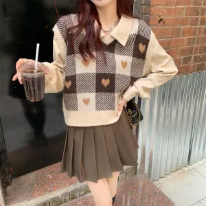 Cute Love Plaid V-Neck Vest Sweater