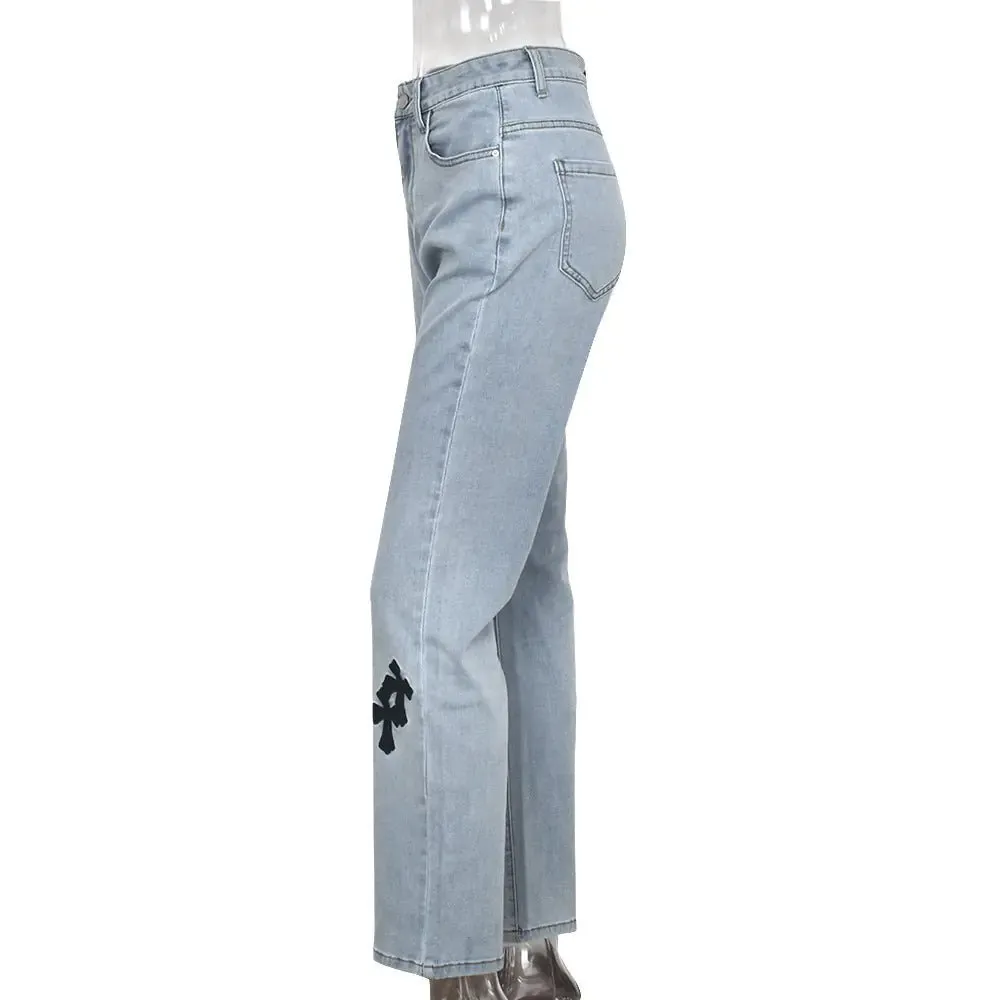 Embroidered High Waist Straight Leg Jeans