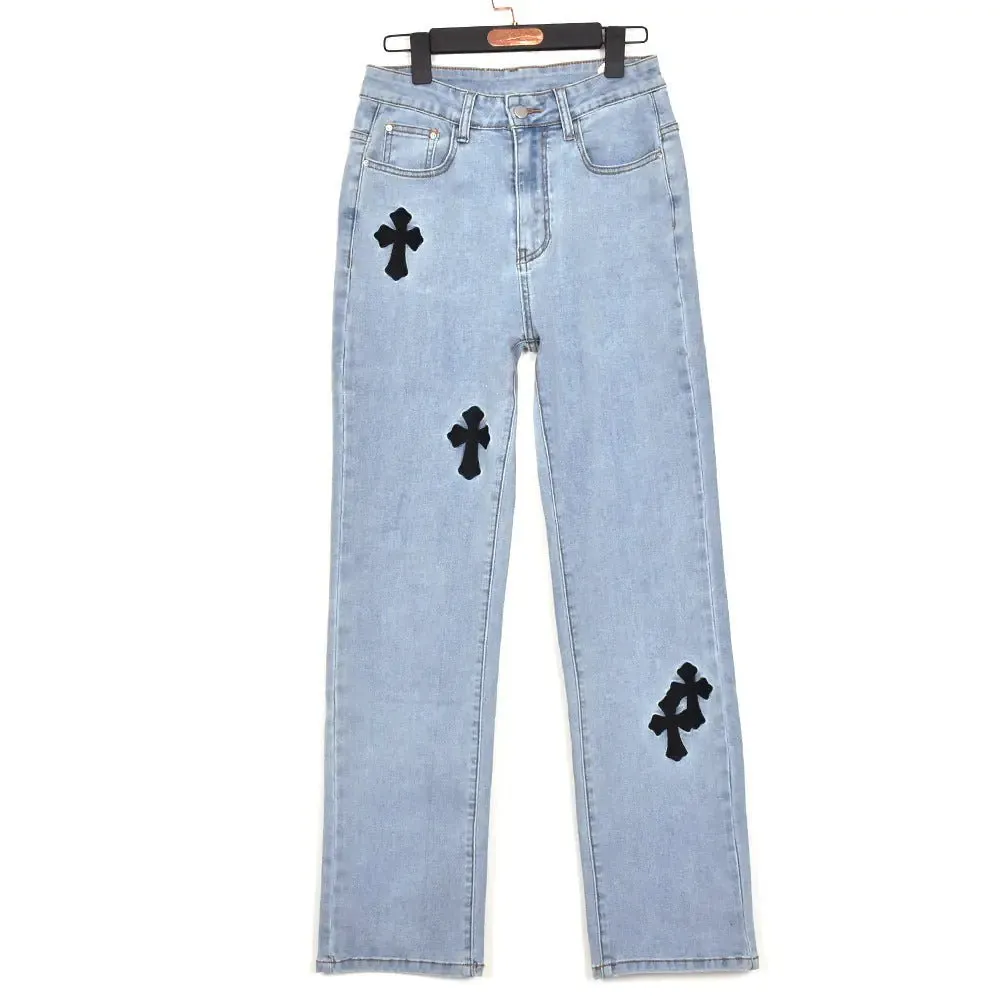Embroidered High Waist Straight Leg Jeans