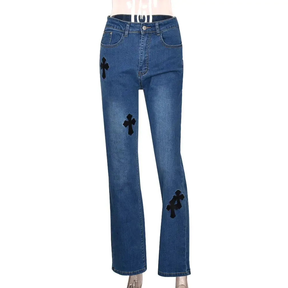 Embroidered High Waist Straight Leg Jeans