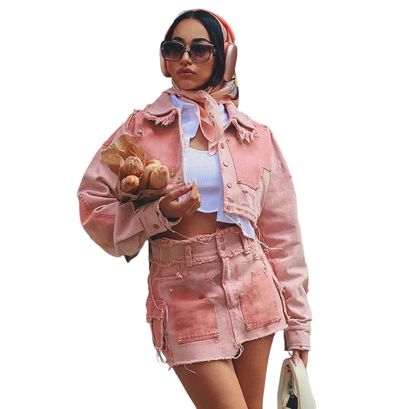 European and American Style2023Foreign Trade Fall Women's Clothing New Leisure Cargo Contrast Color Lapels Slim Fit Jeans Cardigan Coat for Women