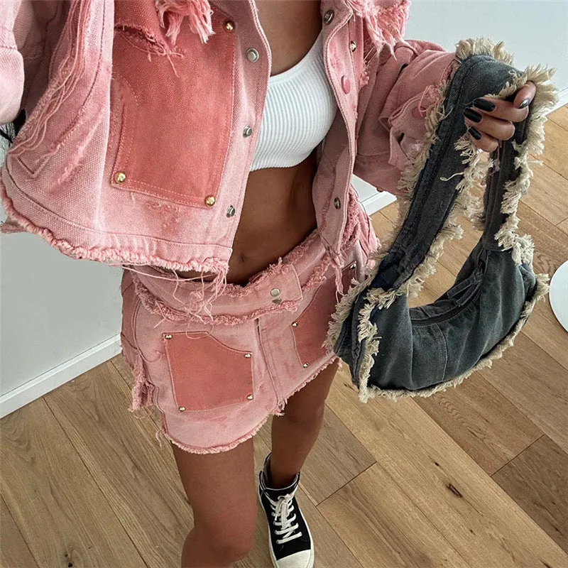 European and American Style2023Foreign Trade Fall Women's Clothing New Leisure Cargo Contrast Color Lapels Slim Fit Jeans Cardigan Coat for Women