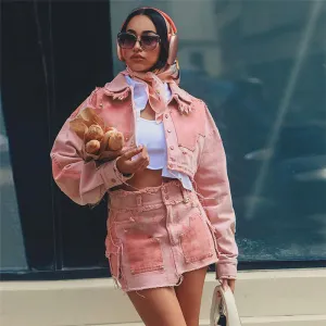European and American Style2023Foreign Trade Fall Women's Clothing New Leisure Cargo Contrast Color Lapels Slim Fit Jeans Cardigan Coat for Women