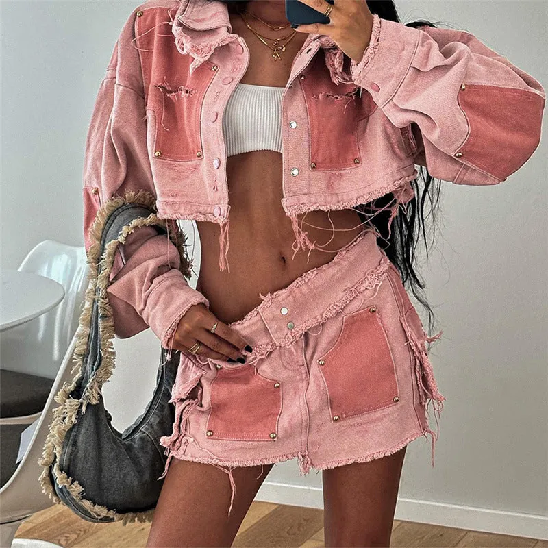 European and American Style2023Foreign Trade Fall Women's Clothing New Leisure Cargo Contrast Color Lapels Slim Fit Jeans Cardigan Coat for Women