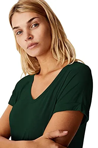 Fabricorn Solid Bottle Green Colour Cotton V-Neck Up Down Hem Short Sleeve Tshirt for Women (Bottle Green, Large)