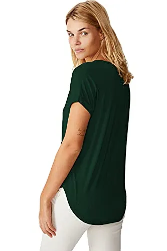 Fabricorn Solid Bottle Green Colour Cotton V-Neck Up Down Hem Short Sleeve Tshirt for Women (Bottle Green, Large)