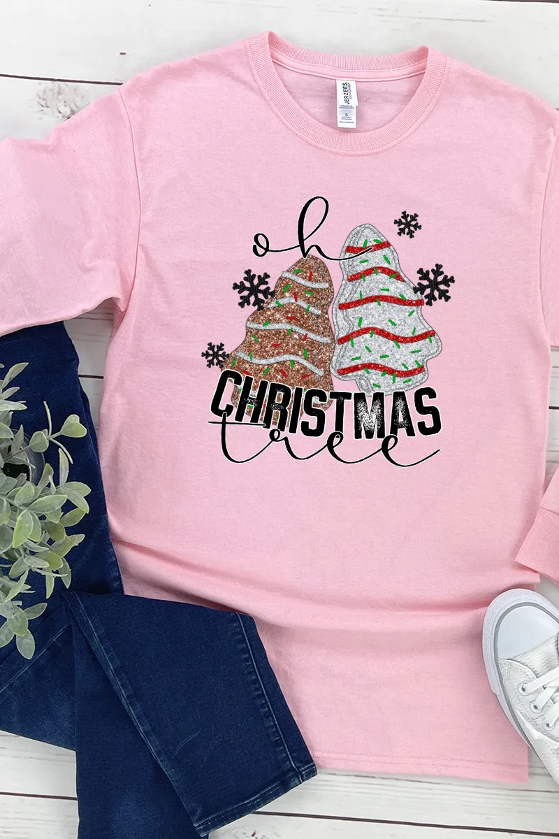 Faux Sequin Oh Christmas Tree Cakes Transfer Heavy Cotton Long Sleeve Adult T-Shirt