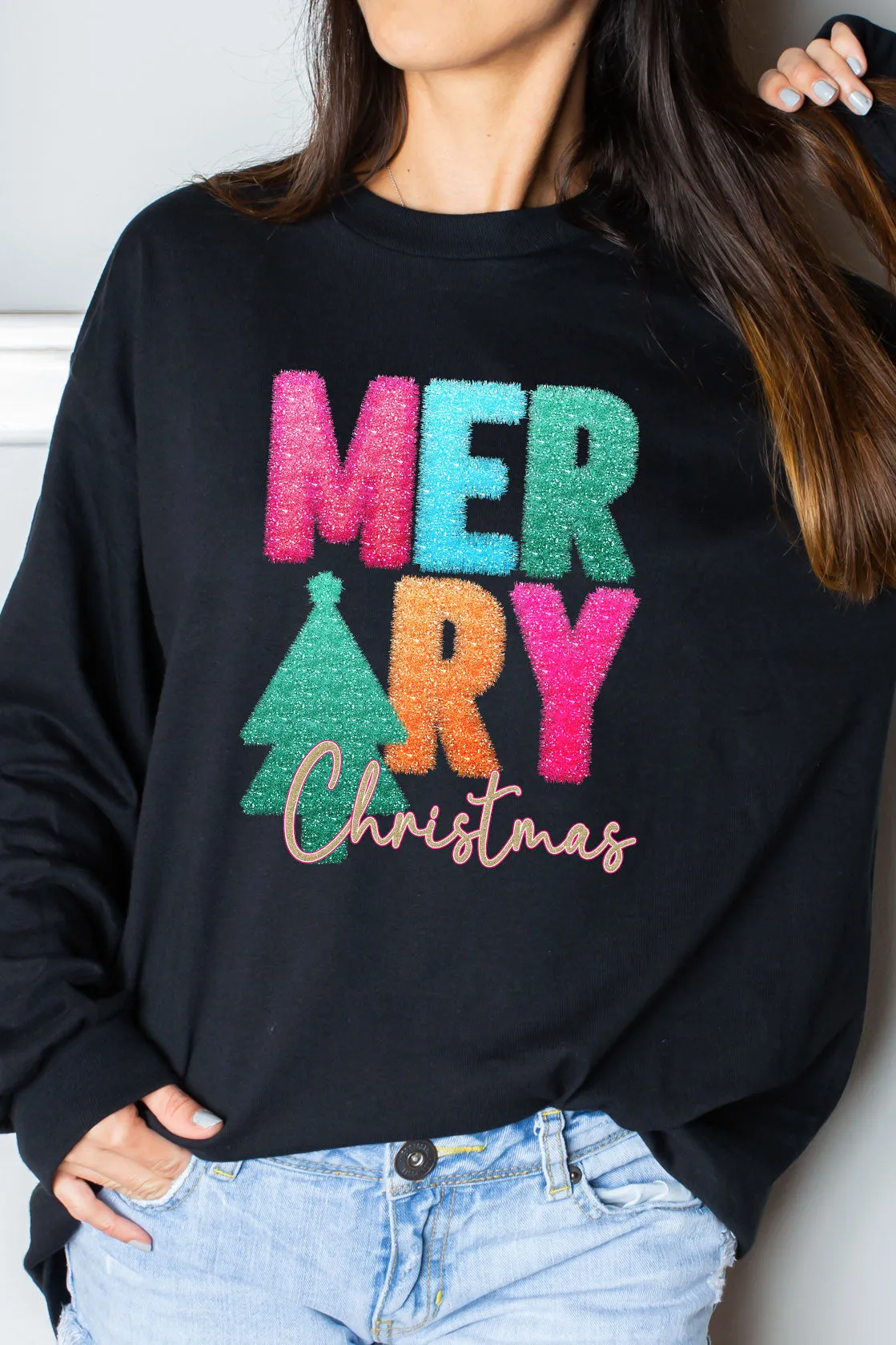Faux Tinsel Merry Christmas Transfer Heavy Cotton Long Sleeve Adult T-Shirt