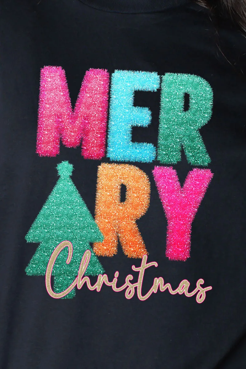 Faux Tinsel Merry Christmas Transfer Heavy Cotton Long Sleeve Adult T-Shirt