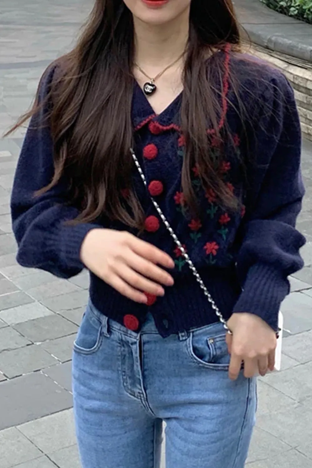 Floral Embroidered Cropped Cardigan Sweater