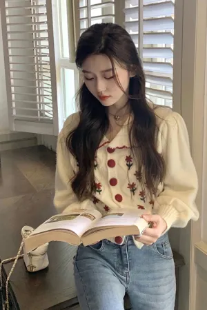 Floral Embroidered Cropped Cardigan Sweater