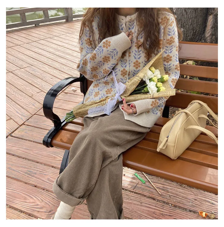 Floral Pattern Knitted Cozy Cardigan Sweater