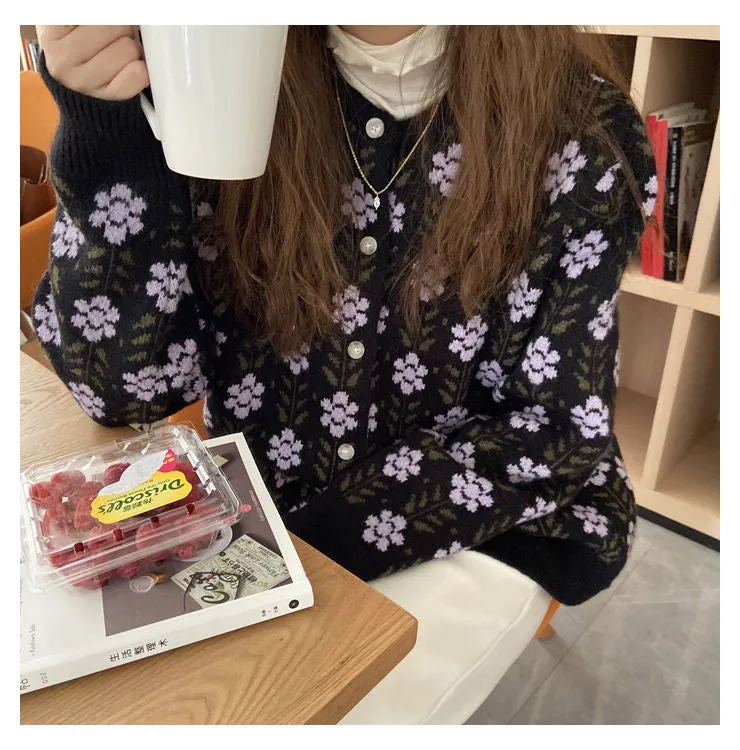 Floral Pattern Knitted Cozy Cardigan Sweater