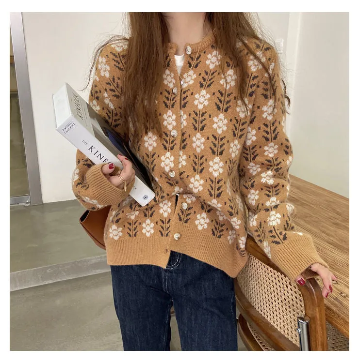 Floral Pattern Knitted Cozy Cardigan Sweater