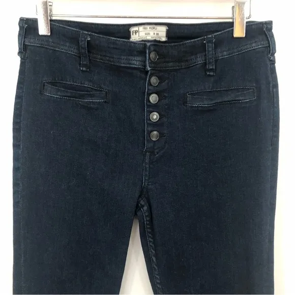Free People 28x32 Kaye Button Fly Slim Flare Jeans Dark Indigo Wash 0303