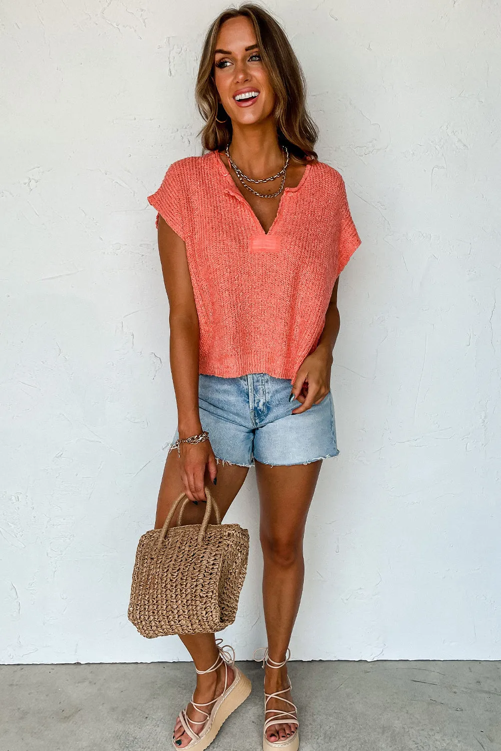 Fresh Salmon Batwing Sleeve Split Veck Knitted Top