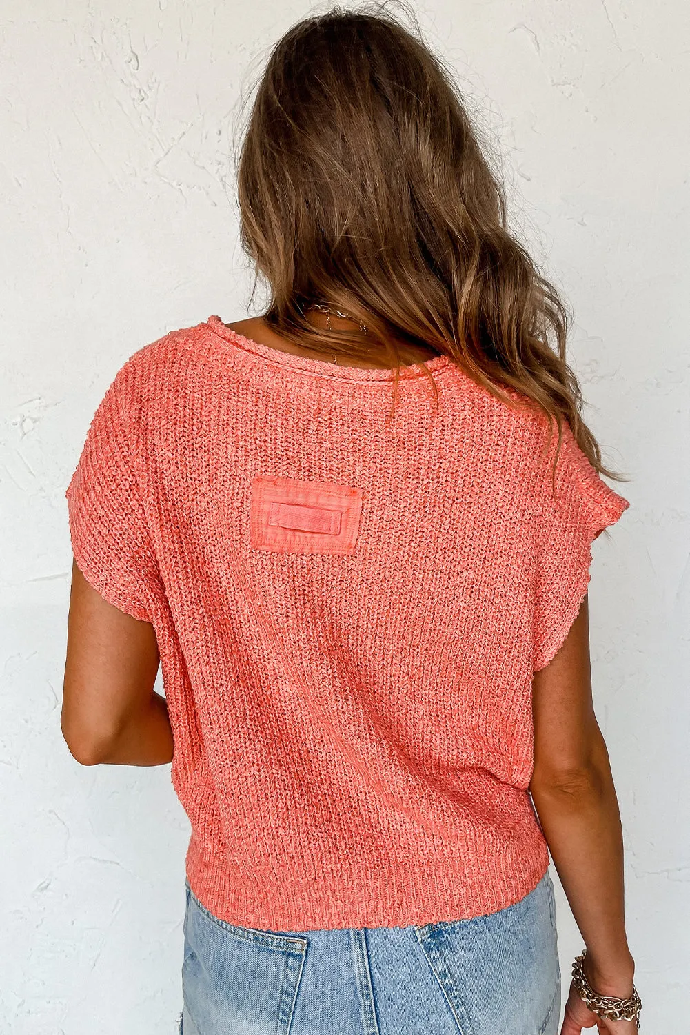 Fresh Salmon Batwing Sleeve Split Veck Knitted Top