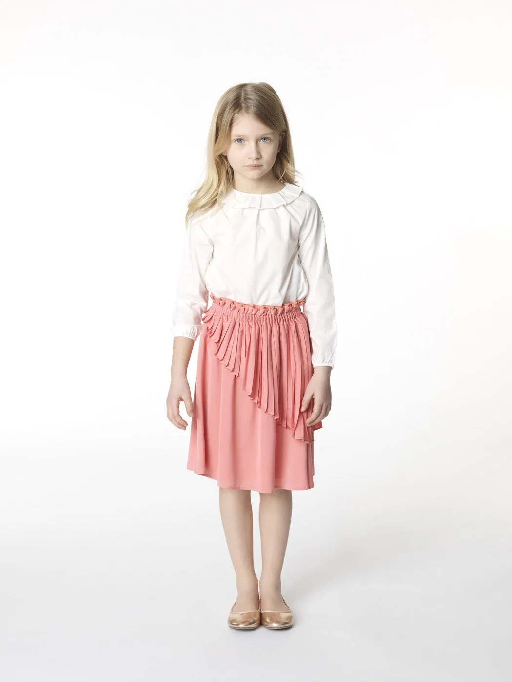 Girls Long Sleeve Poplin Blouse with Ruffled Collar