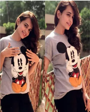 Grey Micky Cotton Printed T-Shirt For Women