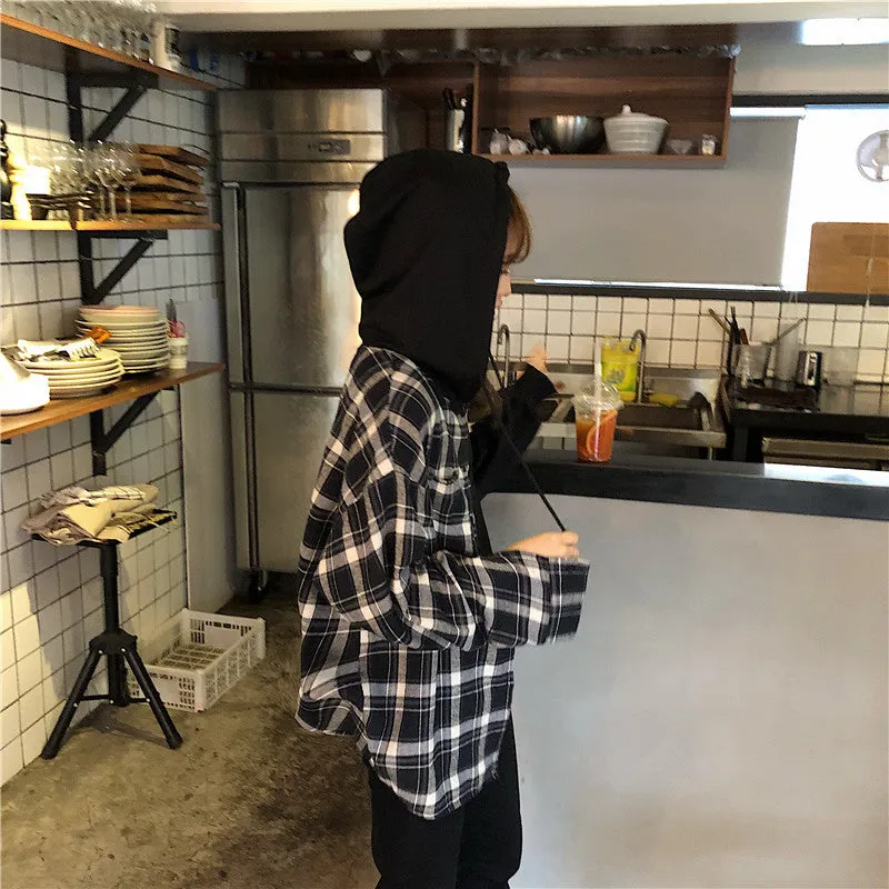 Half Style Combination Hooded Plaid Shirt