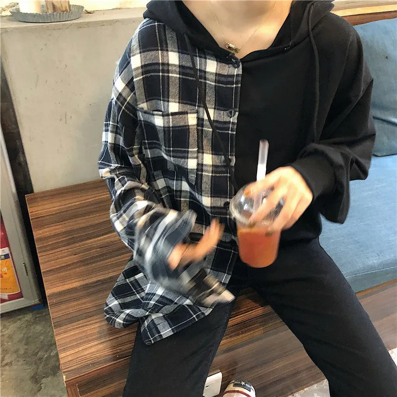 Half Style Combination Hooded Plaid Shirt