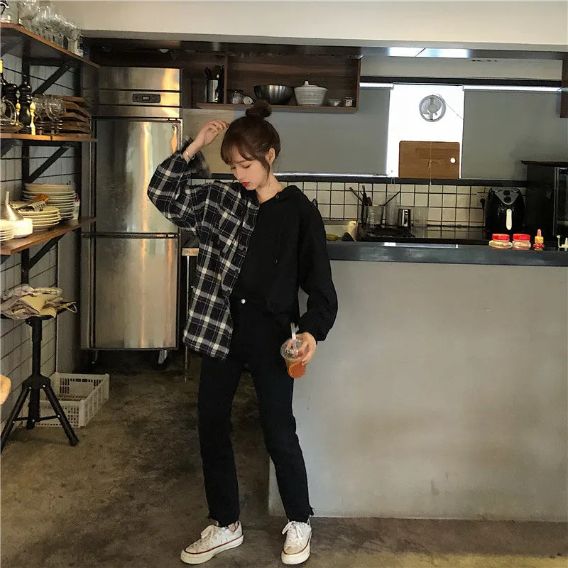 Half Style Combination Hooded Plaid Shirt