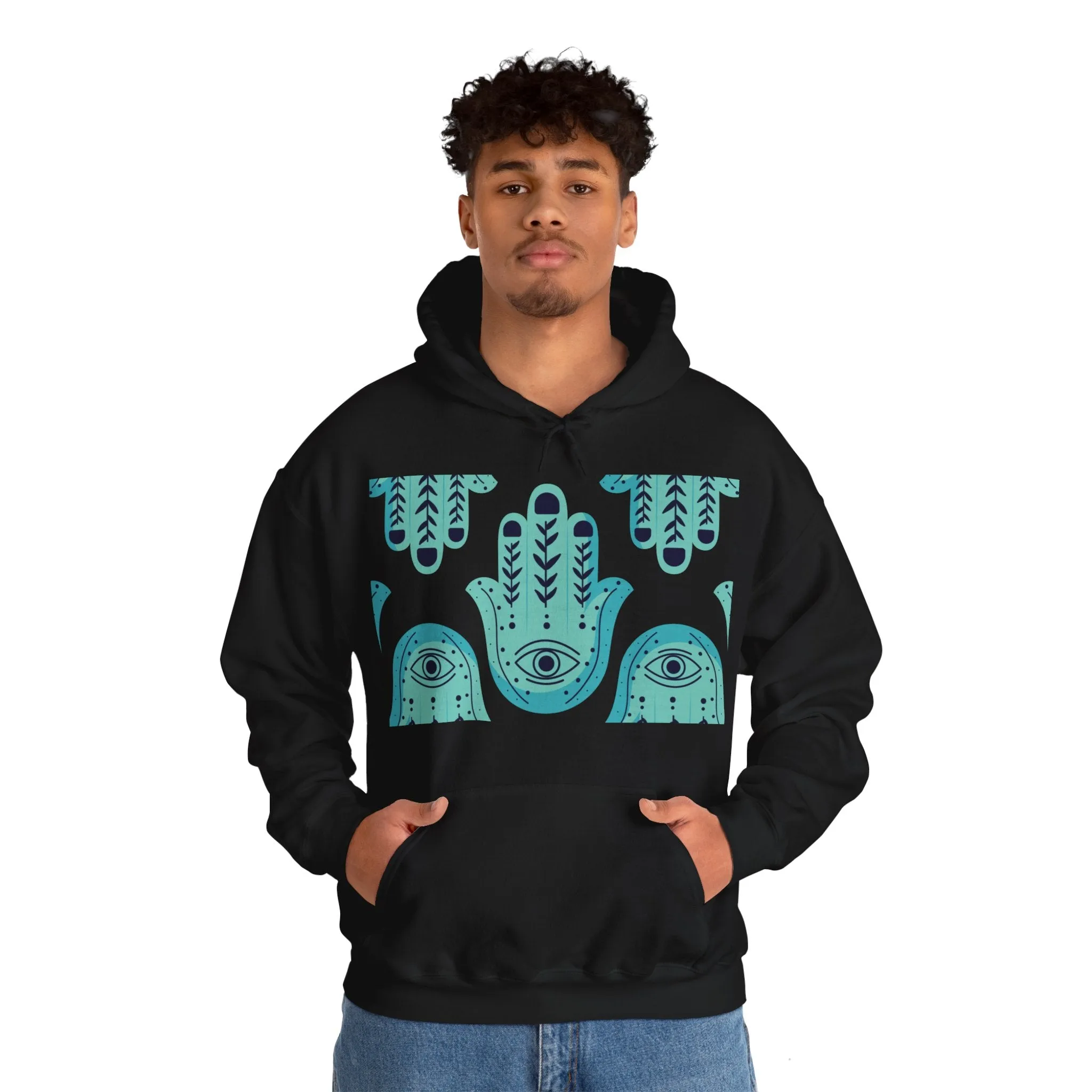 Hannah Bright Turquoise Hamsa Design Unisex Heavy Blend™ Hooded Sweatshirt