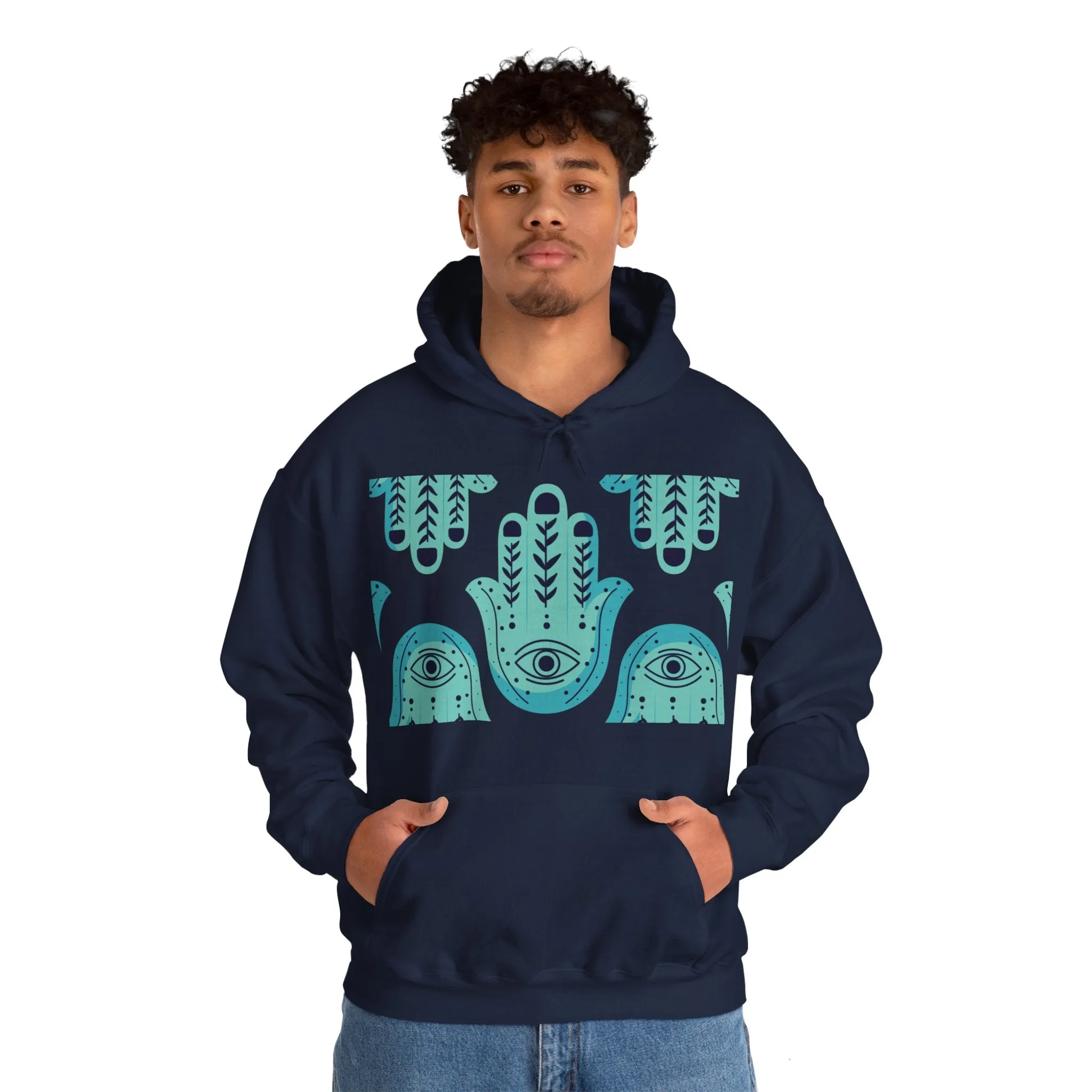 Hannah Bright Turquoise Hamsa Design Unisex Heavy Blend™ Hooded Sweatshirt
