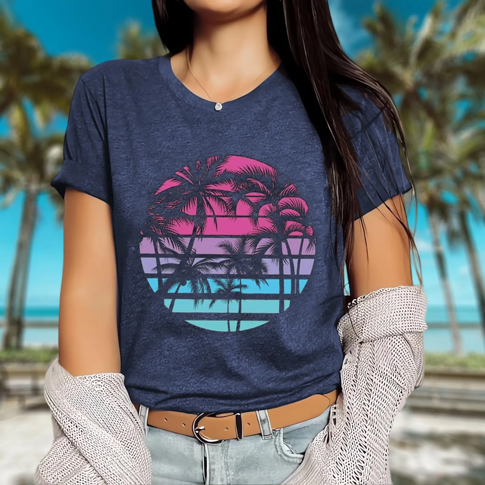 Hawaiian Shirts for Women Palm Trees Beach Graphic Tee Tops Summer Vacation Short Sleeve Tshirt Tops