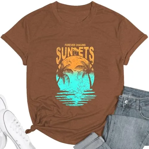 Hawaiian Shirts for Women Palm Trees Beach Graphic Tee Tops Summer Vacation Short Sleeve Tshirt Tops