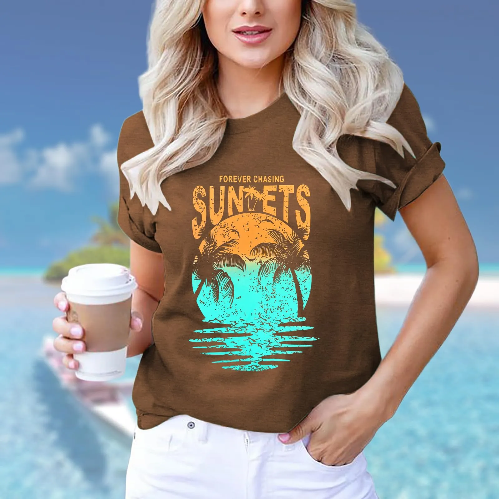 Hawaiian Shirts for Women Palm Trees Beach Graphic Tee Tops Summer Vacation Short Sleeve Tshirt Tops