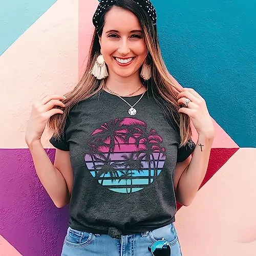Hawaiian Shirts for Women Palm Trees Beach Graphic Tee Tops Summer Vacation Short Sleeve Tshirt Tops