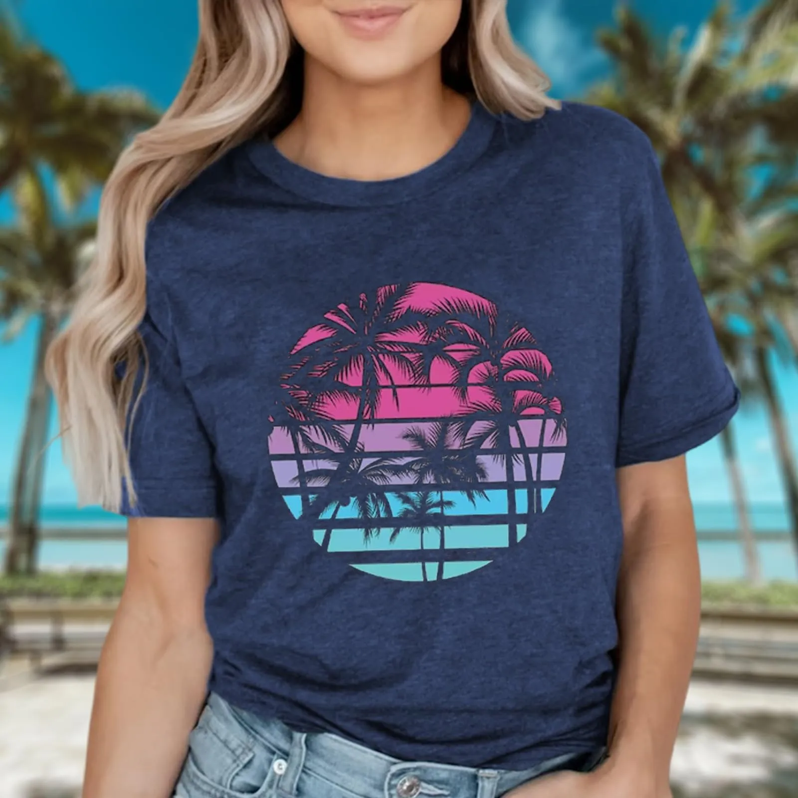 Hawaiian Shirts for Women Palm Trees Beach Graphic Tee Tops Summer Vacation Short Sleeve Tshirt Tops