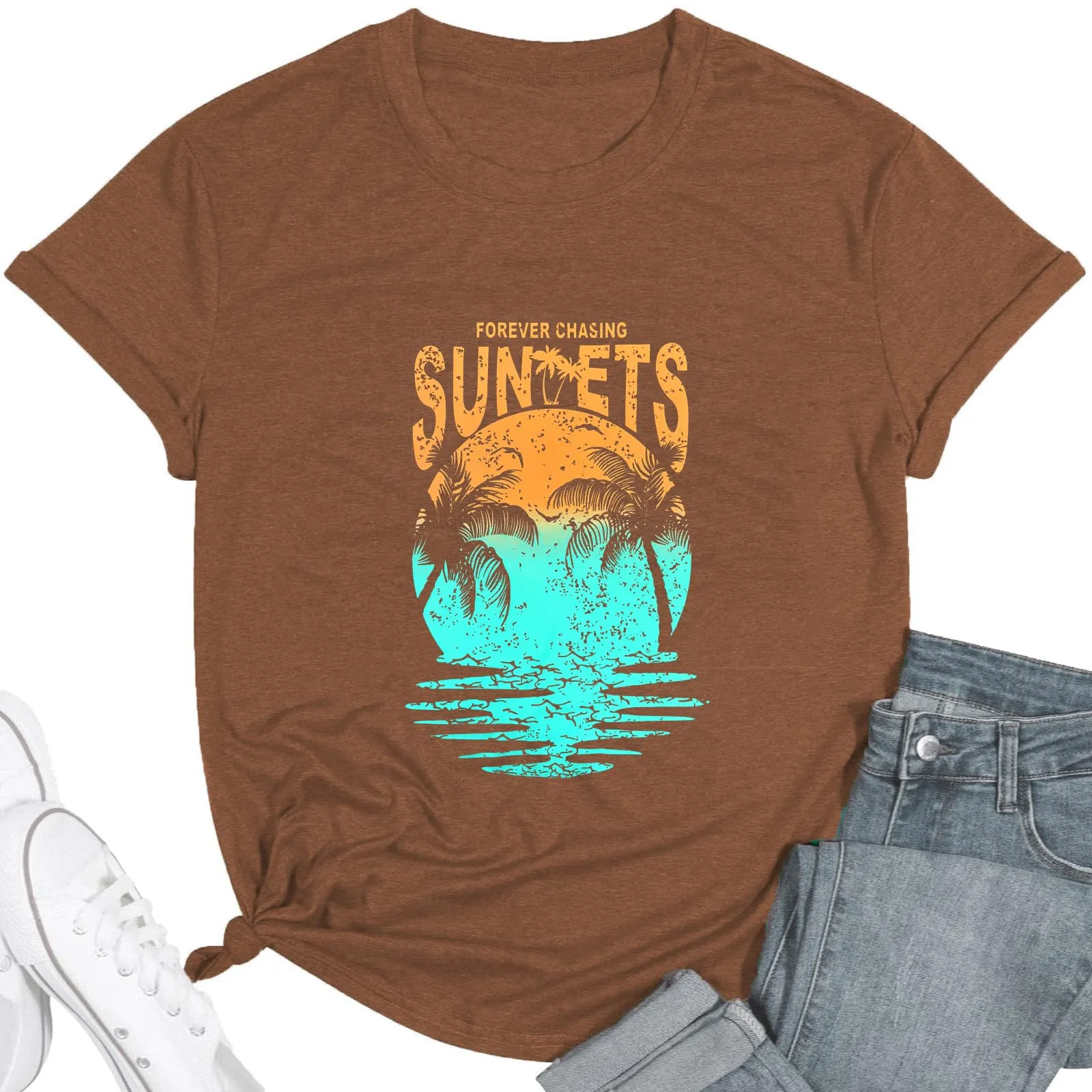 Hawaiian Shirts for Women Palm Trees Beach Graphic Tee Tops Summer Vacation Short Sleeve Tshirt Tops