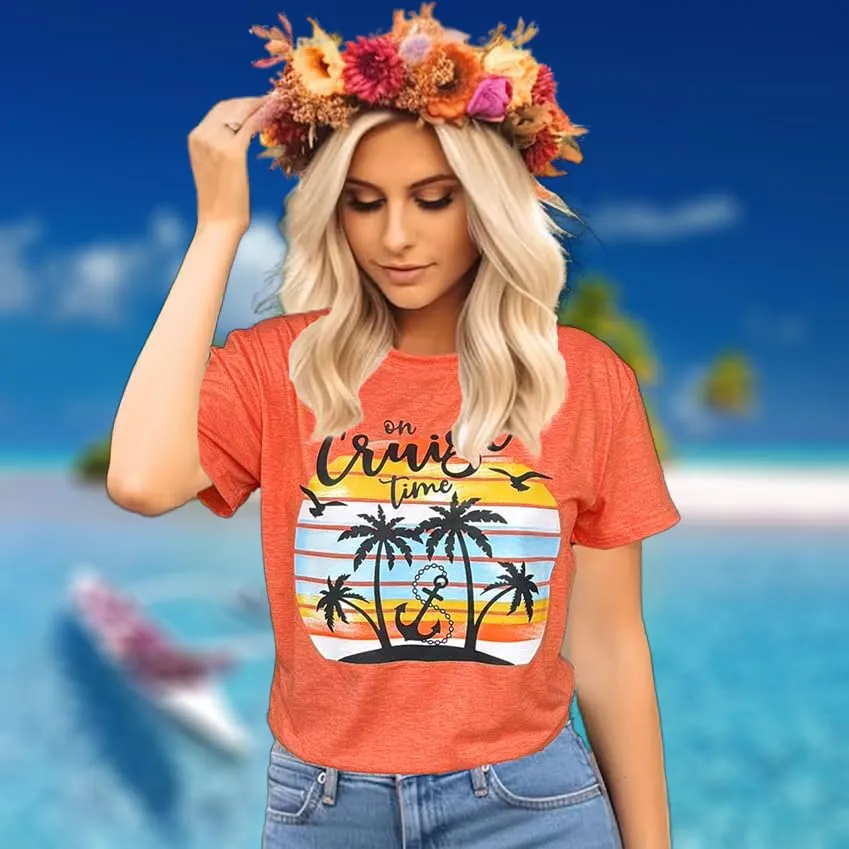 Hawaiian Shirts for Women Palm Trees Beach Graphic Tee Tops Summer Vacation Short Sleeve Tshirt Tops