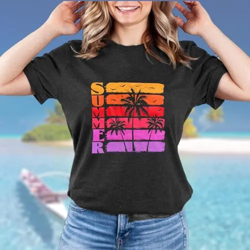 Hawaiian Shirts for Women Palm Trees Beach Graphic Tee Tops Summer Vacation Short Sleeve Tshirt Tops