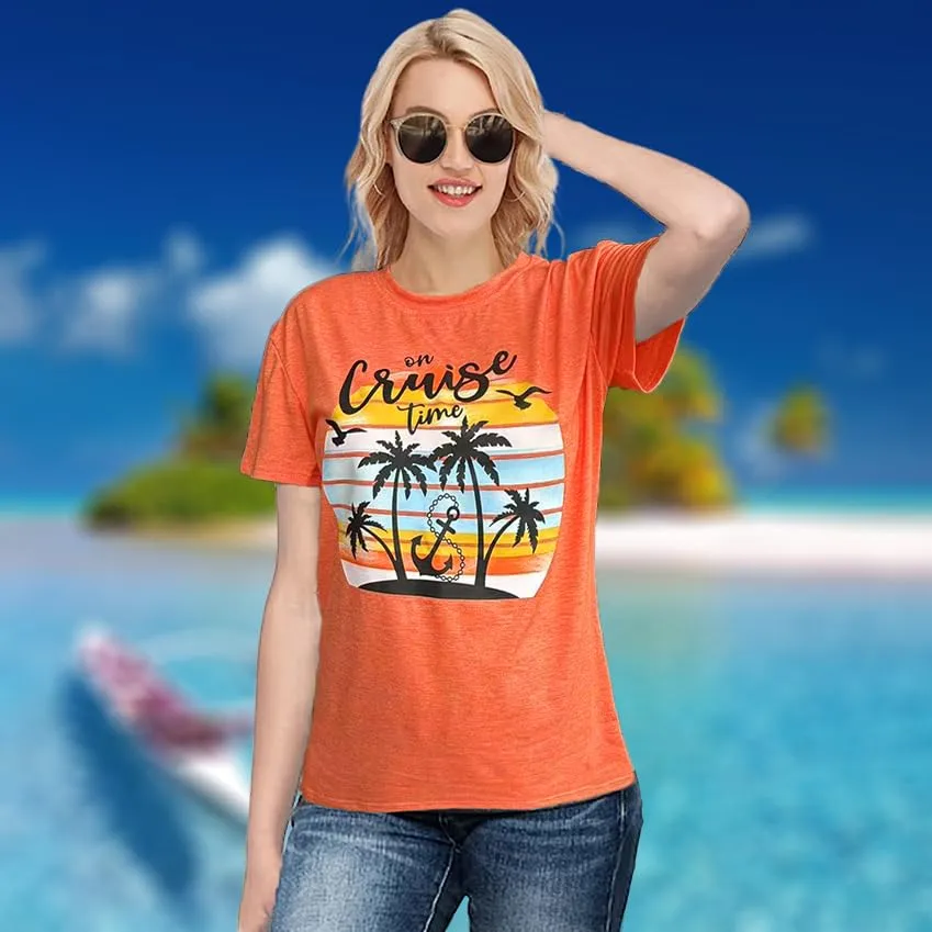 Hawaiian Shirts for Women Palm Trees Beach Graphic Tee Tops Summer Vacation Short Sleeve Tshirt Tops
