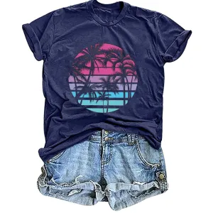 Hawaiian Shirts for Women Palm Trees Beach Graphic Tee Tops Summer Vacation Short Sleeve Tshirt Tops