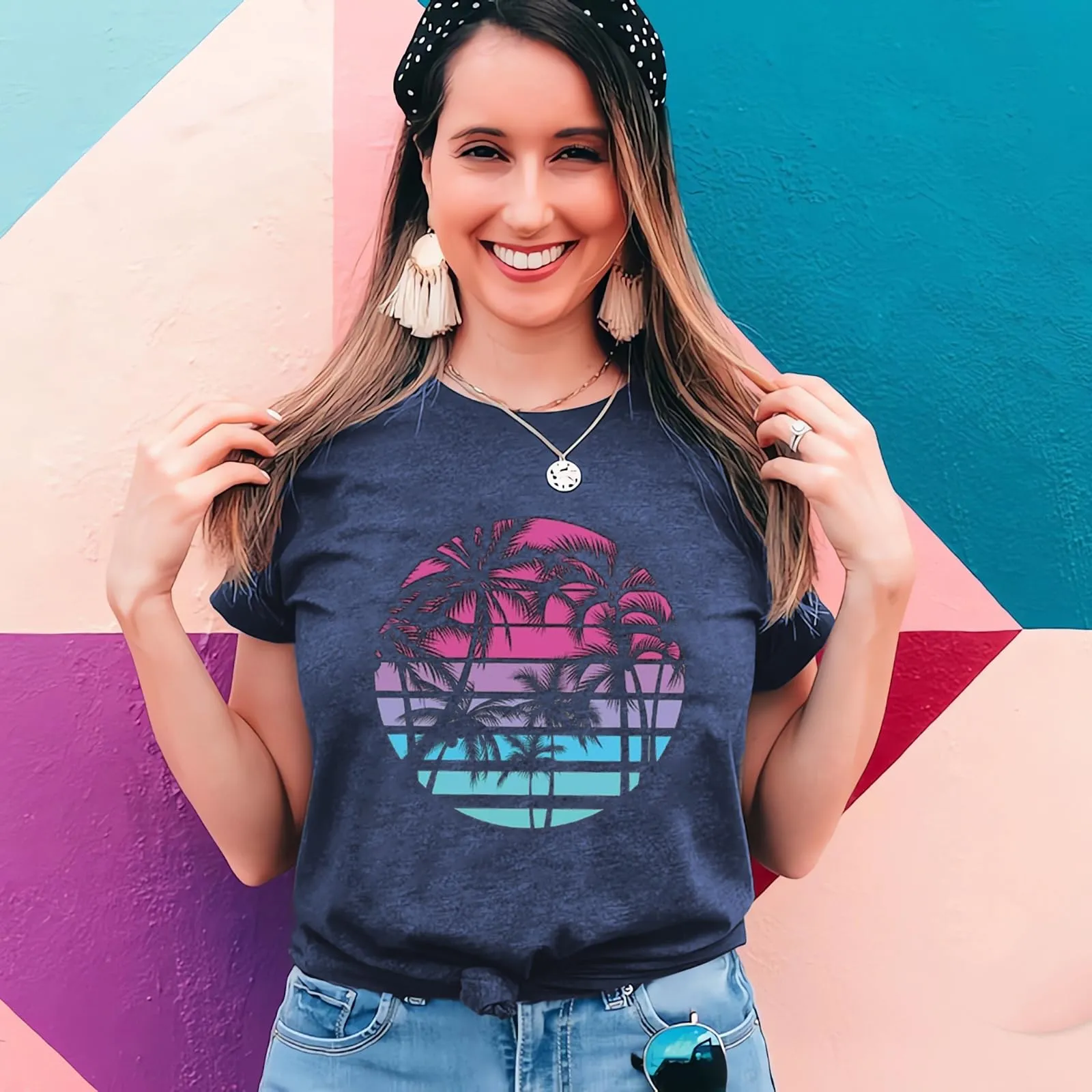 Hawaiian Shirts for Women Palm Trees Beach Graphic Tee Tops Summer Vacation Short Sleeve Tshirt Tops