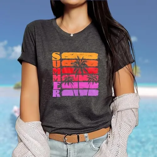 Hawaiian Shirts for Women Palm Trees Beach Graphic Tee Tops Summer Vacation Short Sleeve Tshirt Tops