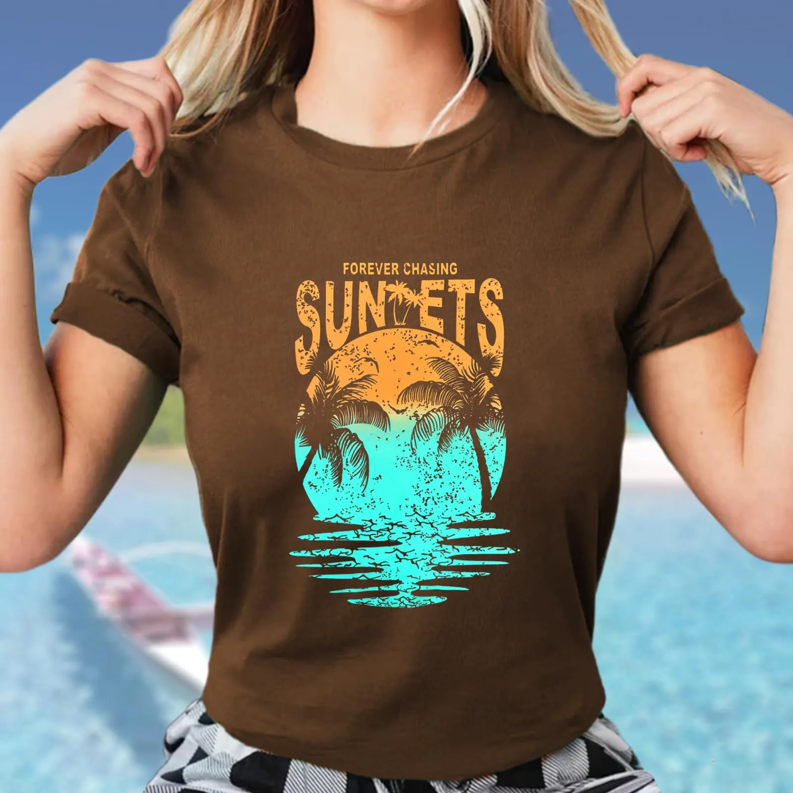 Hawaiian Shirts for Women Palm Trees Beach Graphic Tee Tops Summer Vacation Short Sleeve Tshirt Tops
