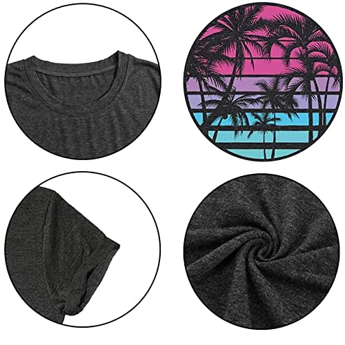 Hawaiian Shirts for Women Palm Trees Beach Graphic Tee Tops Summer Vacation Short Sleeve Tshirt Tops