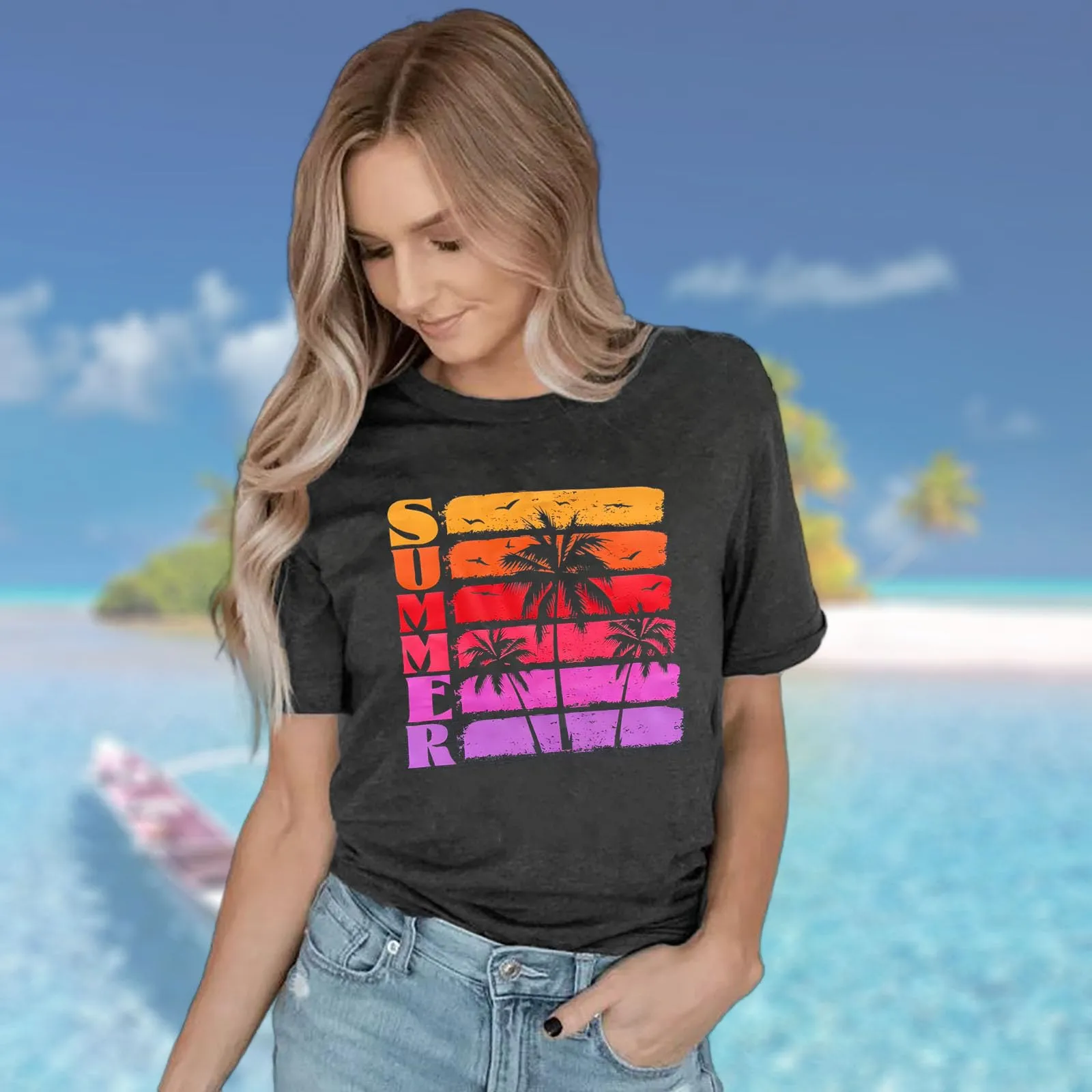 Hawaiian Shirts for Women Palm Trees Beach Graphic Tee Tops Summer Vacation Short Sleeve Tshirt Tops