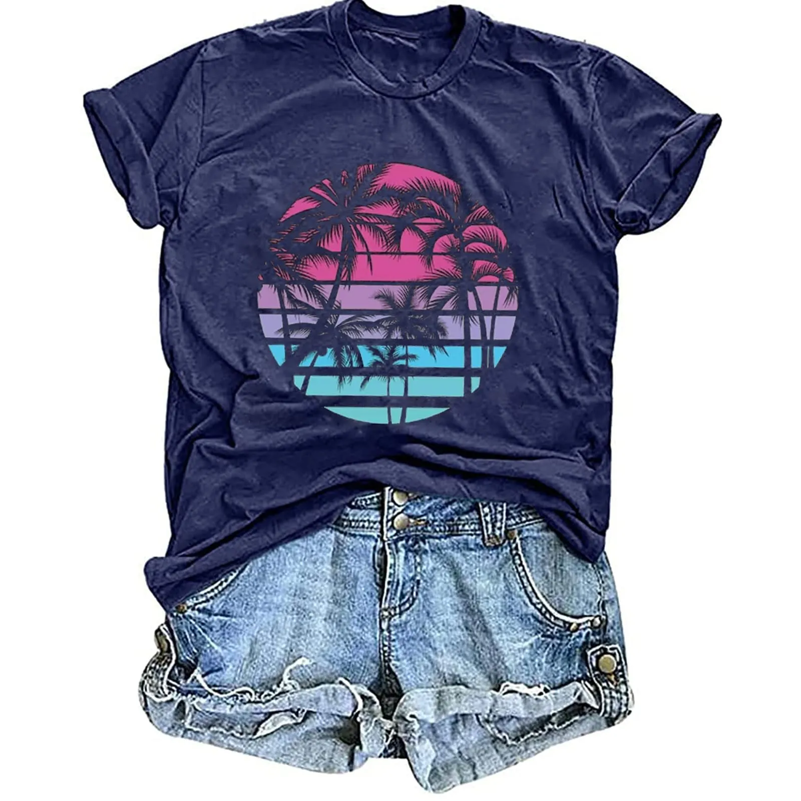 Hawaiian Shirts for Women Palm Trees Beach Graphic Tee Tops Summer Vacation Short Sleeve Tshirt Tops