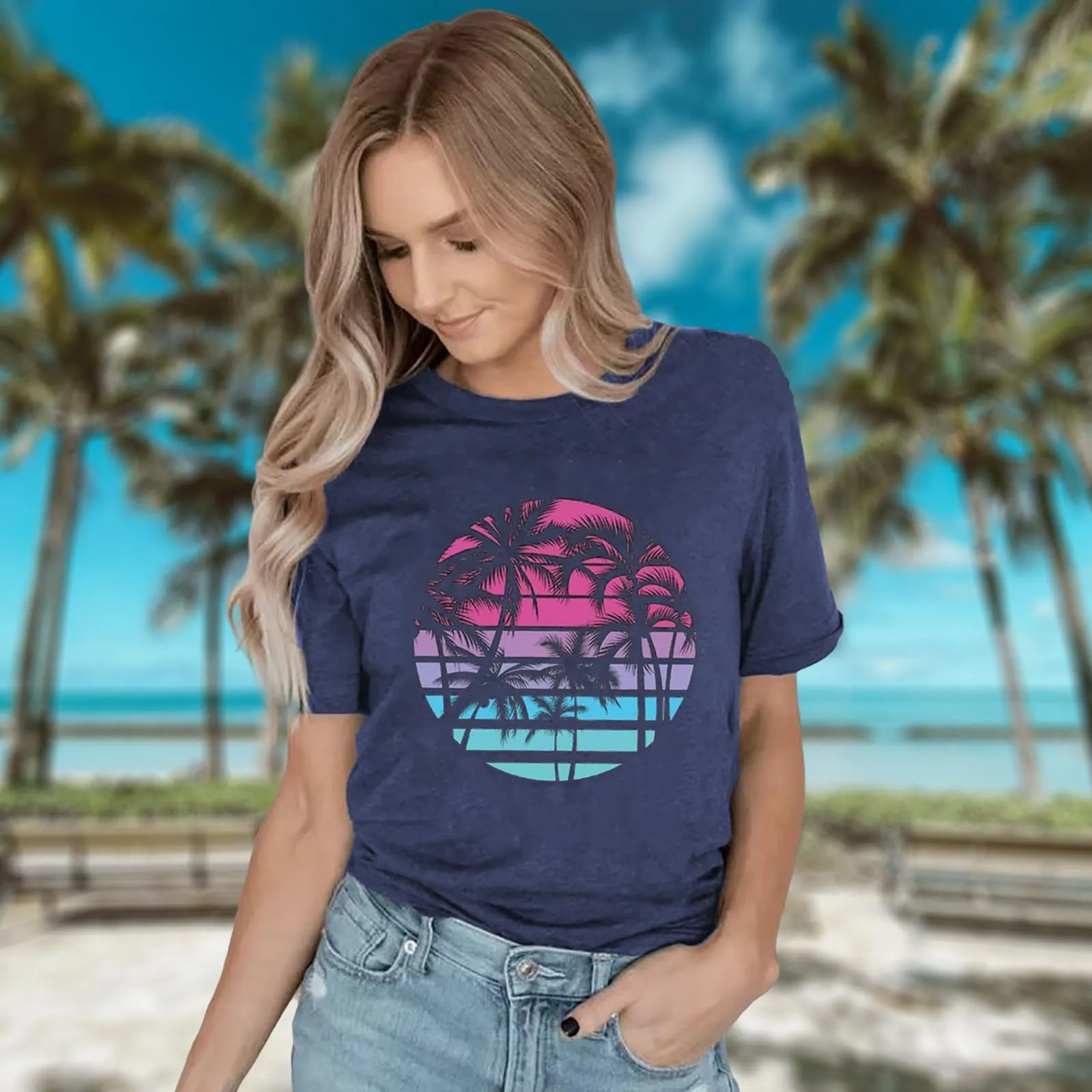 Hawaiian Shirts for Women Palm Trees Beach Graphic Tee Tops Summer Vacation Short Sleeve Tshirt Tops