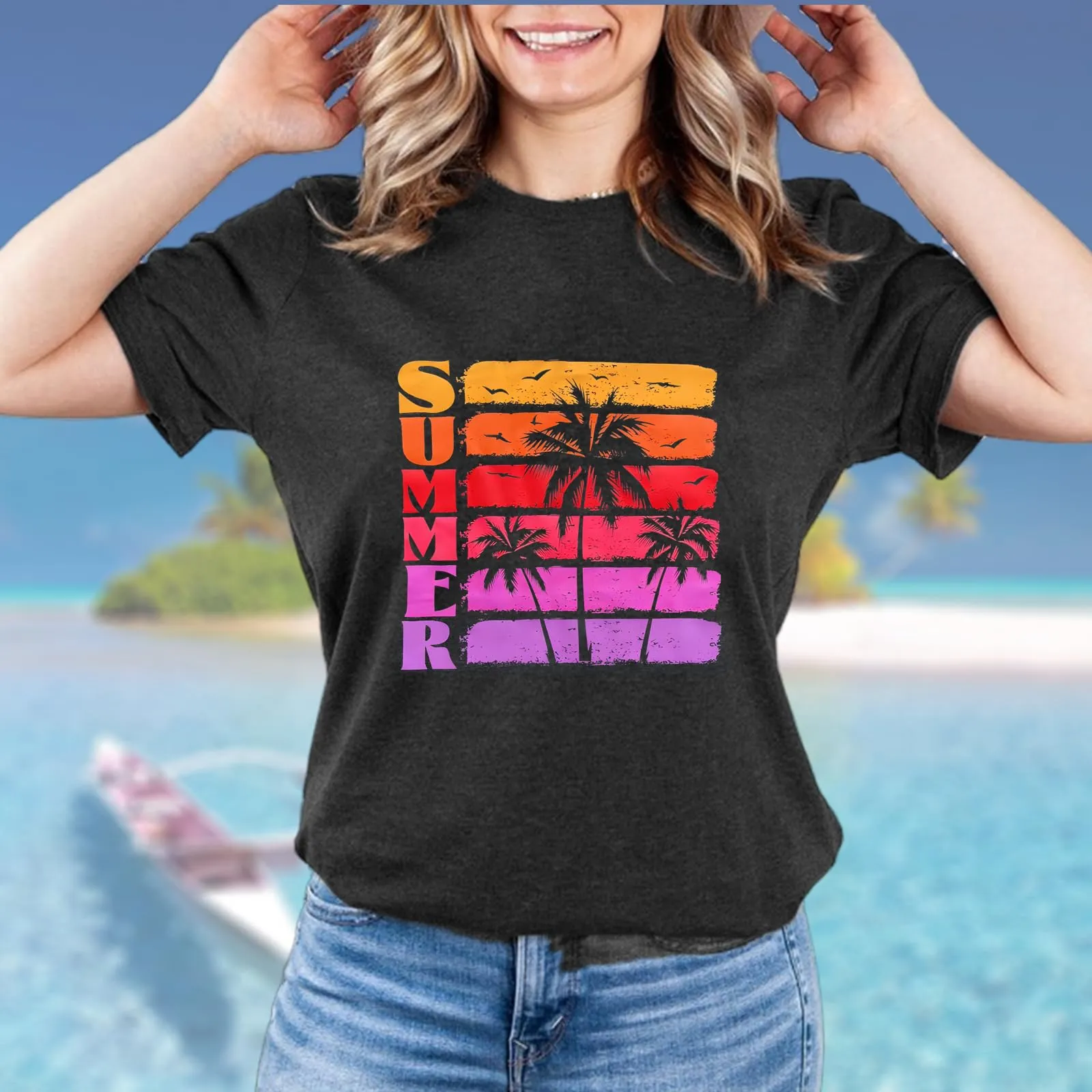 Hawaiian Shirts for Women Palm Trees Beach Graphic Tee Tops Summer Vacation Short Sleeve Tshirt Tops
