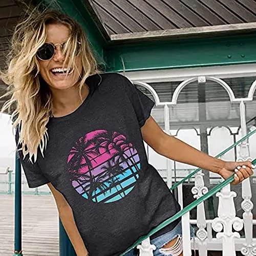 Hawaiian Shirts for Women Palm Trees Beach Graphic Tee Tops Summer Vacation Short Sleeve Tshirt Tops
