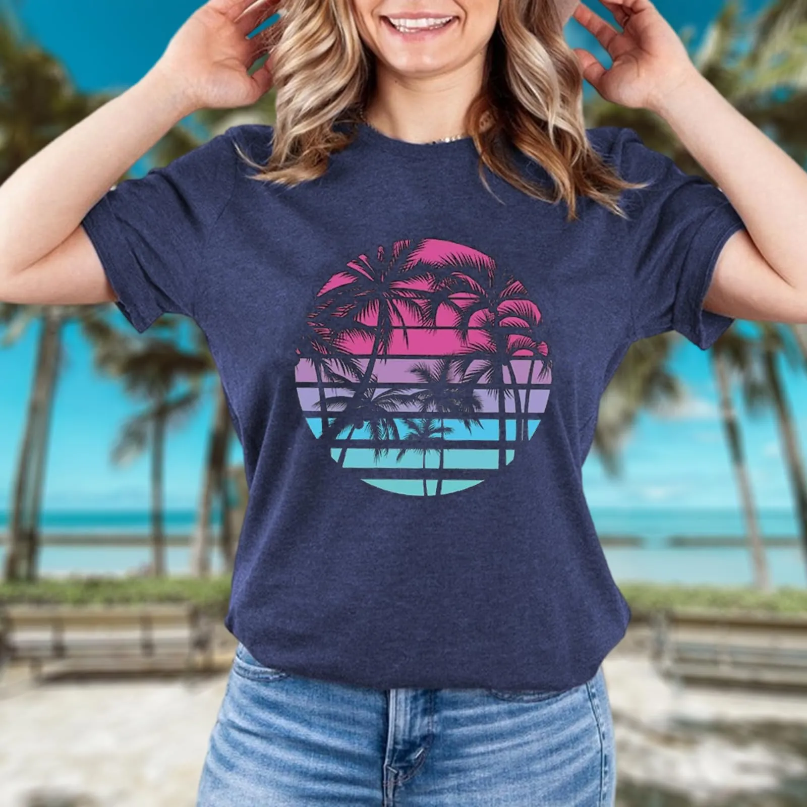 Hawaiian Shirts for Women Palm Trees Beach Graphic Tee Tops Summer Vacation Short Sleeve Tshirt Tops