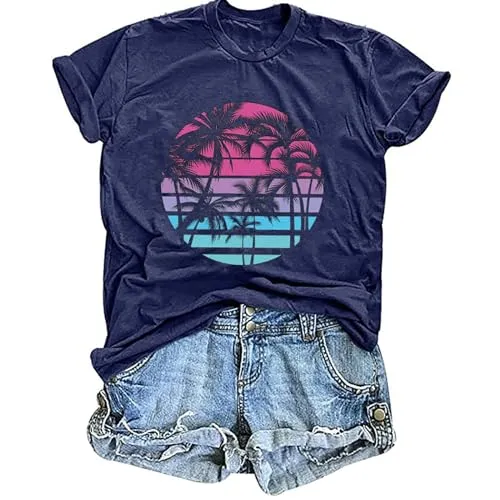 Hawaiian Shirts for Women Palm Trees Beach Graphic Tee Tops Summer Vacation Short Sleeve Tshirt Tops
