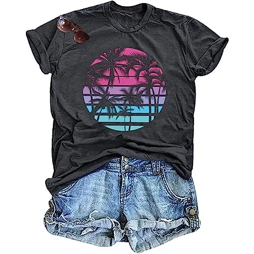 Hawaiian Shirts for Women Palm Trees Beach Graphic Tee Tops Summer Vacation Short Sleeve Tshirt Tops